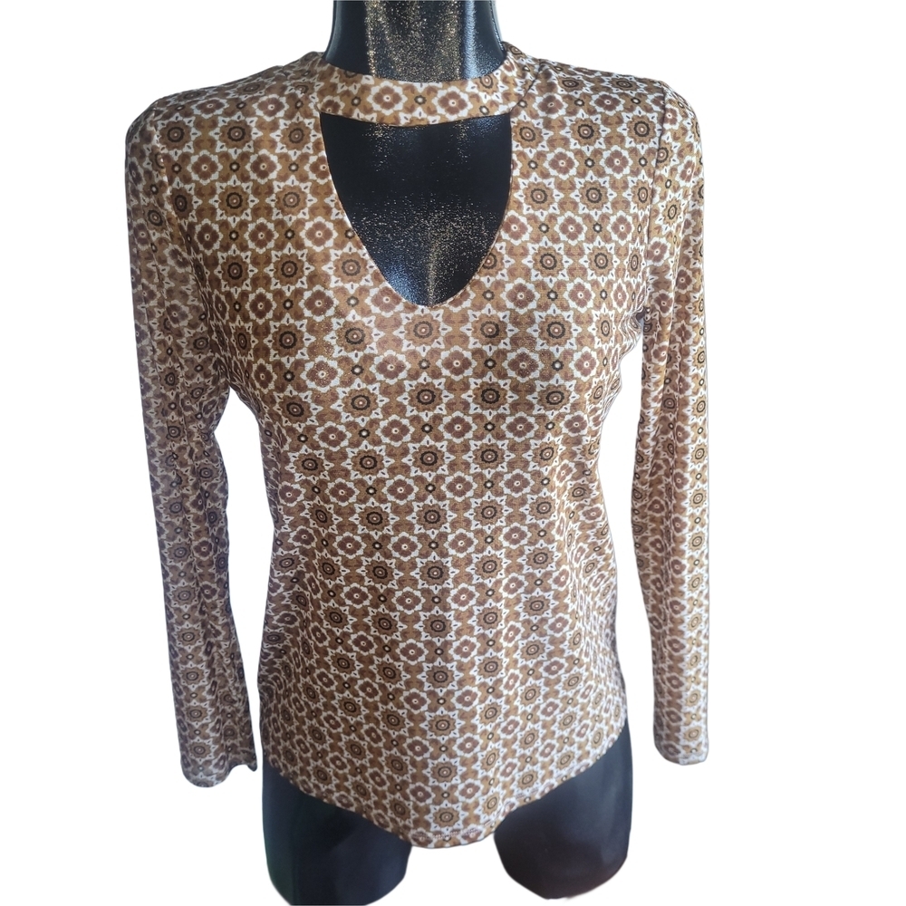 San Francisco Brown Patterned Retro Vibes Long Sleeve Top Size M